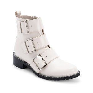 NEW Blondo Women Vera White Waterproof Leather Moto Ankle Bootie Buckle Zip Up